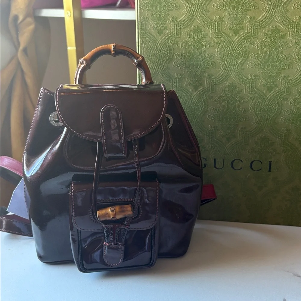 Gucci Burgundy Patent Leather Bamboo Top Handle Backpack
